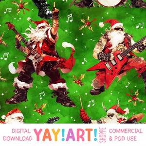 Papais Noéis de Metal em Padrão Verde Sem Costura, Padrão de Repetição de Natal em Heavy Metal, Download Digital de Papai Noel Balançando