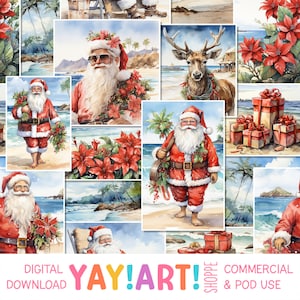 Strand Santa Musterdesign, Aquarell Nikolaus im Tropischen Urlaub Rapportmuster, Skurril Weihnachten Urlaub Digital Download