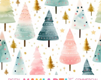 Cute Watercolor Christmas Trees Seamless Pattern, Whimsical Holiday Tree Pink Blue Green Digital Download