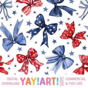 Red White & Blue Bows Seamless Pattern, Patriotic Ribbons Repeat Patten, Cute 4th of July Party Download
