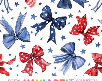 Red White & Blue Bows Seamless Pattern, Patriotic Ribbons Repeat Patten, Cute 4th of July Party Download