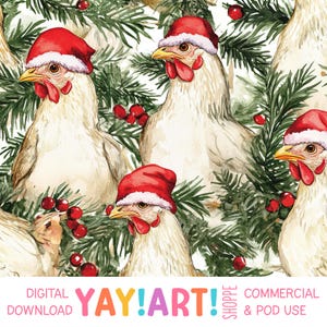 May include: Four white chickens wearing red Santa hats with white trim are surrounded by green pine branches and red berries. The chickens are looking at the viewer. The image has a watercolor style.