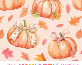 Pretty Coquette Pumpkins Seamless Pattern, Cute Autumn Pumpkin Bows Repeat Patten, Boho Ribbon Girly Fall Download