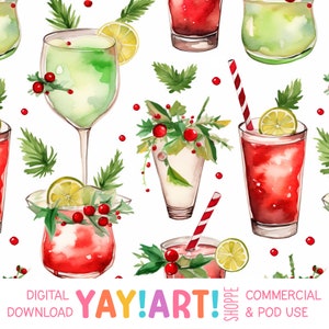 Watercolor Christmas Cocktails Seamless Pattern, Holiday Drinks, Whimsical Holiday Party Digital Download