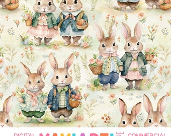 Dressed Up Bunnies Seamless Pattern, Cute Spring Rabbits Floral Pattern, Watercolor Easter Digital Download