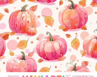 Pink Pumpkin Splash Seamless Pattern, Cute Autumn Pumpkin Repeat Patten, Boho Girly Fall Download