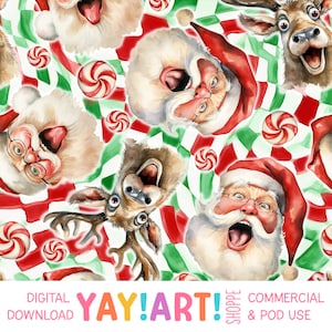 Verrückte Santa Musterdesign, Aquarell Santa Reindeer Weihnachtsmuster, Seltsame Bizarre Nahtlose Wiederholung Digitaler Download