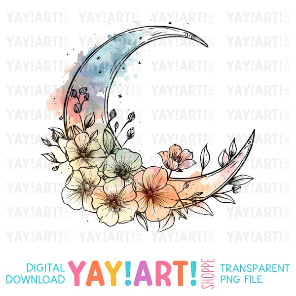 Crescent Moon & Florals Transparent PNG Clipart, Celestial Sublimation Design, DTF Heat Transfer Design Digital Download