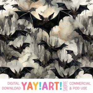 Watercolor Vampire Bats Seamless Pattern, Creepy Horror Halloween Bats, Spooky Fantasy Halloween Digital Download