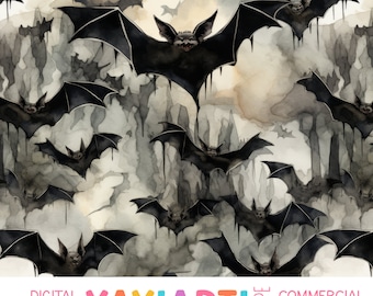 Watercolor Vampire Bats Seamless Pattern, Creepy Horror Halloween Bats, Spooky Fantasy Halloween Digital Download