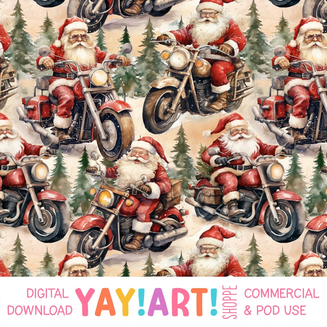 Motorcycle Santas Seamless Pattern, Watercolor Santa on a Bike