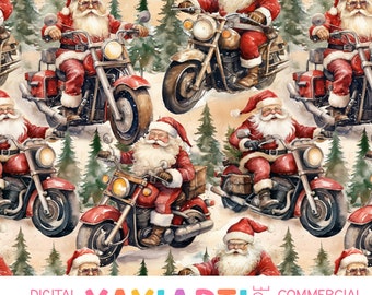 May include: A seamless pattern featuring Santa Claus riding a red motorcycle with white trim. The background is a watercolor style with green trees and a light brown background. The text "YAY!ART!" is in the bottom center of the image.