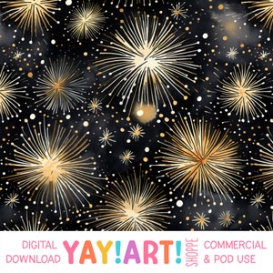 Gold Fireworks on Black Seamless Pattern, Watercolor Firework Bursts, New Years Celebration Party Digital Download