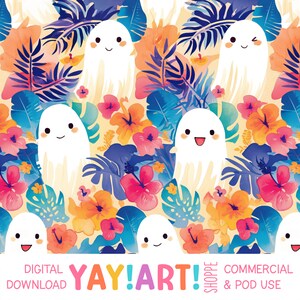 Tropical Ghosts Seamless Pattern, Creepy Cute Summerween Repeat Patten, Cute Spooky Summer Download