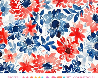 Red White and Blue Floral Seamless Pattern, July 4th Watercolor Floral Repeat Patten, Red White and Blue Flowers Digital Download