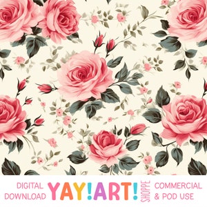 Vintage Pink Rose Seamless Pattern, Floral Wallpaper Repeat Pattern Design, Retro Pink Flowers Digital Download