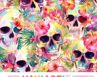 Tropical Skulls Seamless Pattern, Creepy Cute Summerween Repeat Patten, Colorful Spooky Summer Download
