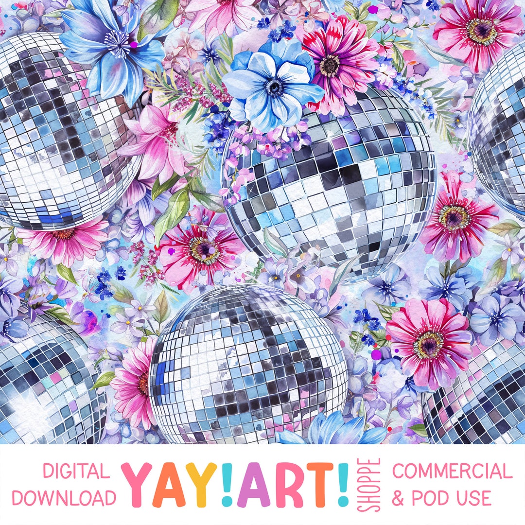 Disco Ball Floral Seamless Pattern, Pretty Trendy Party Pattern, Blue ...