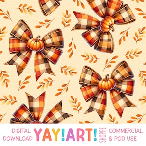 May include: A seamless pattern featuring orange and brown plaid bows with small orange pumpkins in the center. The background is a light beige with small golden brown leaves.