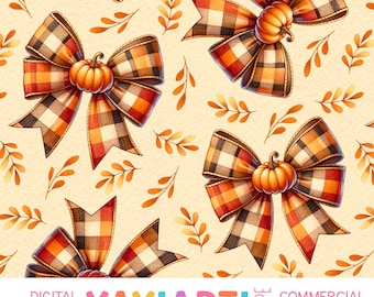 Plaid Pumpkin Bow Seamless Pattern, Orange Ribbons and Leaves Repeat Patten, Cute Girly Fall Season Download