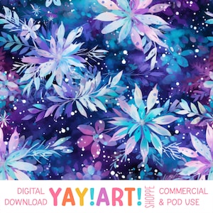 Patrón sin costuras de copos de nieve florales de invierno, pinceladas expresivas de azul púrpura brillante audaz, descarga digital de nieve estacional caprichosa