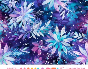 Winter Floral Snowflakes Seamless Pattern, Bold Bright Purple Blue Expressive Brush Strokes, Whimsical Seasonal Snow Digital Download