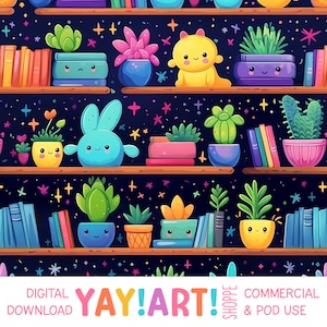 May include: A seamless pattern featuring a bookshelf filled with colorful books, potted plants, and cute cartoon characters. The background is a dark blue with white stars. The text "YAY!ART! SHOPPE" is at the bottom of the image.