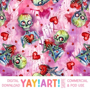 May include: A seamless pattern featuring watercolor illustrations of green zombies holding bloody hearts on a pink background with splattered paint. The pattern includes the text "YAY!ART! SHOPPE COMMERCIAL & POD USE".