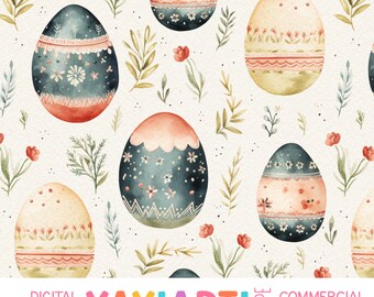 Bemalte Eier und Blumen Musterdesign, Boho Style Frühling Eier Blumenmuster, Aquarell Ostern Digitaler Download