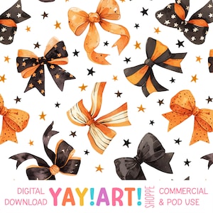 May include: A seamless pattern featuring watercolor illustrations of orange, black, and white bows with gold stars on a white background. The pattern is perfect for Halloween or fall themed projects.
