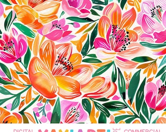 Tropical Garden Paradise Seamless Pattern, Bright Pink and Orange Flower Pattern, Watercolor Flowers Digital Download