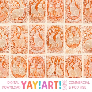 以下が含まれることがあります： 花柄の背景にウサギが描かれたイラスト12点のデジタルダウンロードです。イラストは白とオレンジのカラーパレットで、ヴィンテージなフォークアートスタイルです。クラフト、スクラップブッキング、その他のクリエイティブなプロジェクトに最適です。