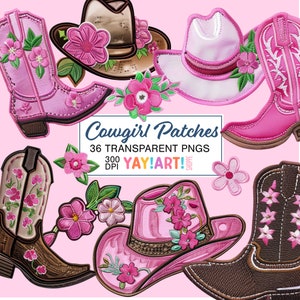 Cowgirl Patches Clipart Bundle-Set, Pinkes Cowgirl und Blumen Faux Patch Illustrationen, Pinker Cowboy Transparente PNGs Digitaler Download