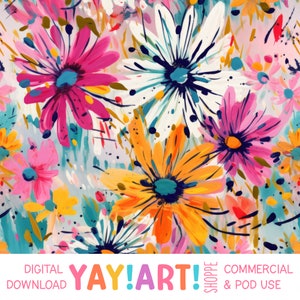 May include: A seamless pattern featuring bright, colorful flowers in shades of pink, yellow, white, and blue. The flowers are painted in a loose, abstract style with a textured background.