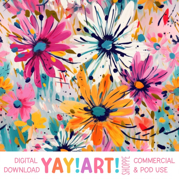Splattered Daisies Seamless Pattern, Colorful Bold Expressive Painted Brush Strokes, Daisy Flowers Digital Download