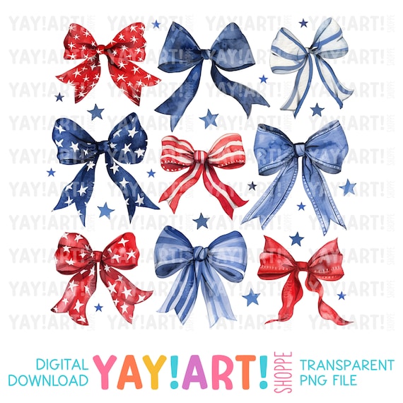 Patriotic Bows Transparent PNG Clipart, Red White Blue Ribbons Sublimation Design, Girly 4th of July DTF Heat Transfer Digital Download