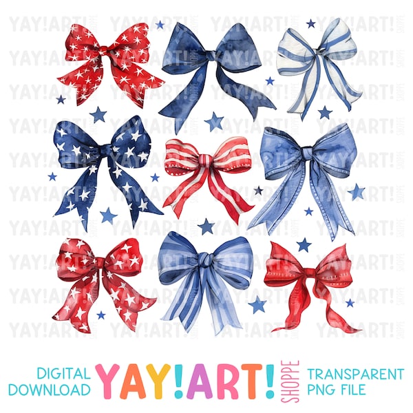 Patriotic Bows Transparent PNG Clipart, Red White Blue Ribbons Sublimation Design, Girly 4th of July DTF Heat Transfer Digital Download