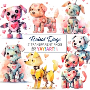 Herz Roboter Doggies Clipart Bundle-Set, niedliche Roboter Hunde Illustrationen, Roboter Welpen Liebe Illustrationen PNGs digitaler Download
