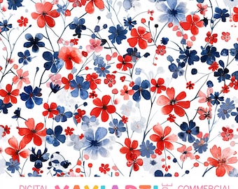 Pretty 4th of July Floral Seamless Pattern, Patriotic Garden Repeat Patten, Red White and Blue Flowers Digital Download