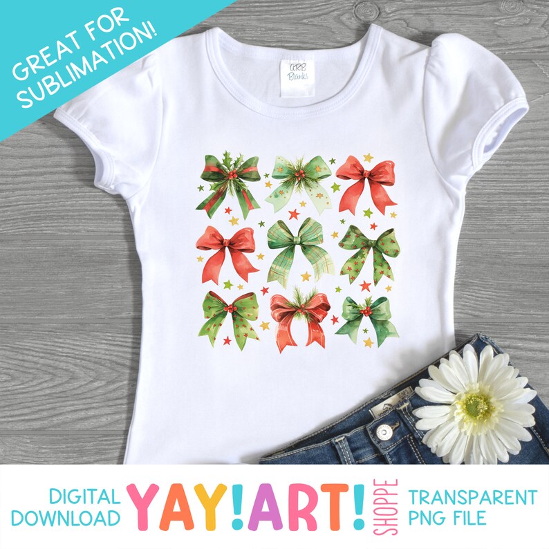 K&ouml;nnte beinhalten: Ein wei&szlig;es T-Shirt mit einem Design aus gr&uuml;nen und roten Schleifen mit goldenen Sternen. Der Text "GREAT FOR SUBLIMATION!" befindet sich in der oberen linken Ecke des Bildes. Der Text "YAY!ART!" befindet sich in der unteren Mitte des Bildes. Der Text "TRANSPARENT PNG FILE" befindet sich in der unteren rechten Ecke des Bildes.