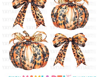 Leopard Print Pumpkins & Bows PNG Clipart, Black and Orange Ribbons Sublimation Design, Girly Cute Halloween DTF Heat Transfer Download