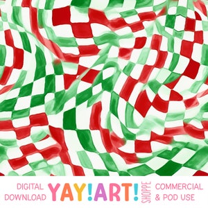 Crazy Wavy Christmas Checkerboard Seamless Pattern, Watercolor Red Green Checks Pattern, Optical Illusion Seamless Repeat Digital Download