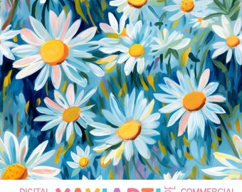 Field of Daisies Seamless Pattern, Blue White Yellow Expressive Painted Brush Strokes, Daisy Flowers Digital Download