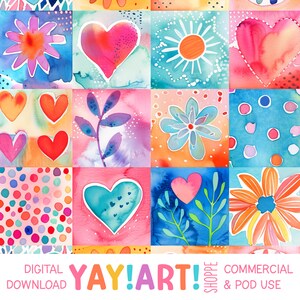May include: A digital collage of watercolour illustrations featuring hearts, flowers, and leaves in a patchwork pattern. The colours are bright and cheerful, with pink, blue, yellow, and orange dominating the design. The text "YAY!ART! SHOPPE COMMERCIAL & POD USE" is at the bottom of the image.