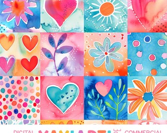 Cute Summer Tiles Seamless Pattern, Patchwork Watercolor Pattern, Cute Hearts and Flowers Digital Download