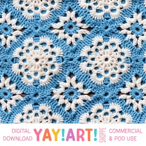 May include: A crochet pattern featuring a repeating design of white and blue circles. The pattern is called "Yay! Art!" and is available for digital download. It is also available for commercial and POD use.