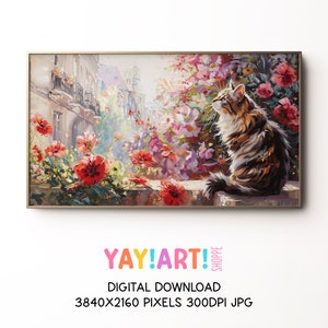 Serene Cat in Garden met uitzicht op stad Frame TV-kunst, screensaverkunst, kattenliefhebberkunst voor tv, achtergrondkunst, kat schilderij digitale download