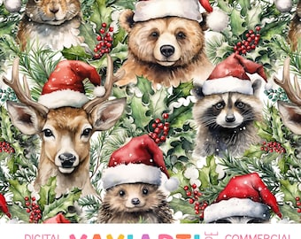 Bos kerst dieren naadloos patroon, schattig bos beestje in kerstmuts vakantie patroon, kerst naadloze herhaling digitale download