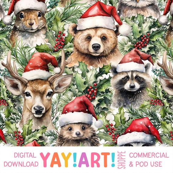 Woodland Christmas Animals Seamless Pattern, Cute Forest Critter in Santa Hats Holiday Pattern, Christmas Seamless Repeat Digital Download