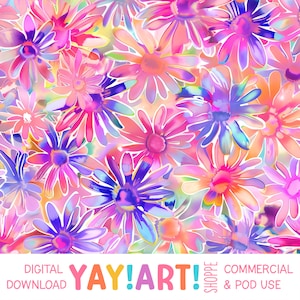 May include: A digital seamless pattern featuring a vibrant floral design with pink, purple, and blue flowers on a white background. The text "YAY! ART! SHOPPE COMMERCIAL & POD USE" is at the bottom of the image.